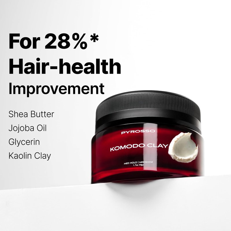 Pyrosso Komodo Clay Strong Hold Matte Finish Hair Clay for Men | Long-Lasting Texture & Volume | Water-Based | No Residue | 1.7oz