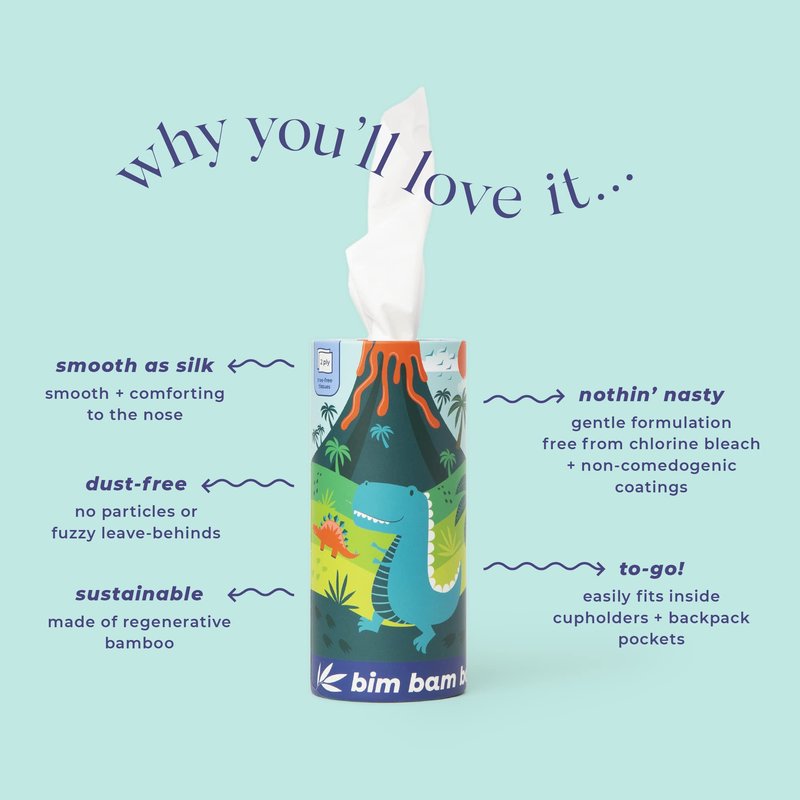 Bim Bam Boo 100% Bamboo Facial Tissue Tubes, 3-ply Hypoallergenic Travel Tissues in Car Tissue Holder, 8 Eco-Friendly Cylinder Tissue Tubes