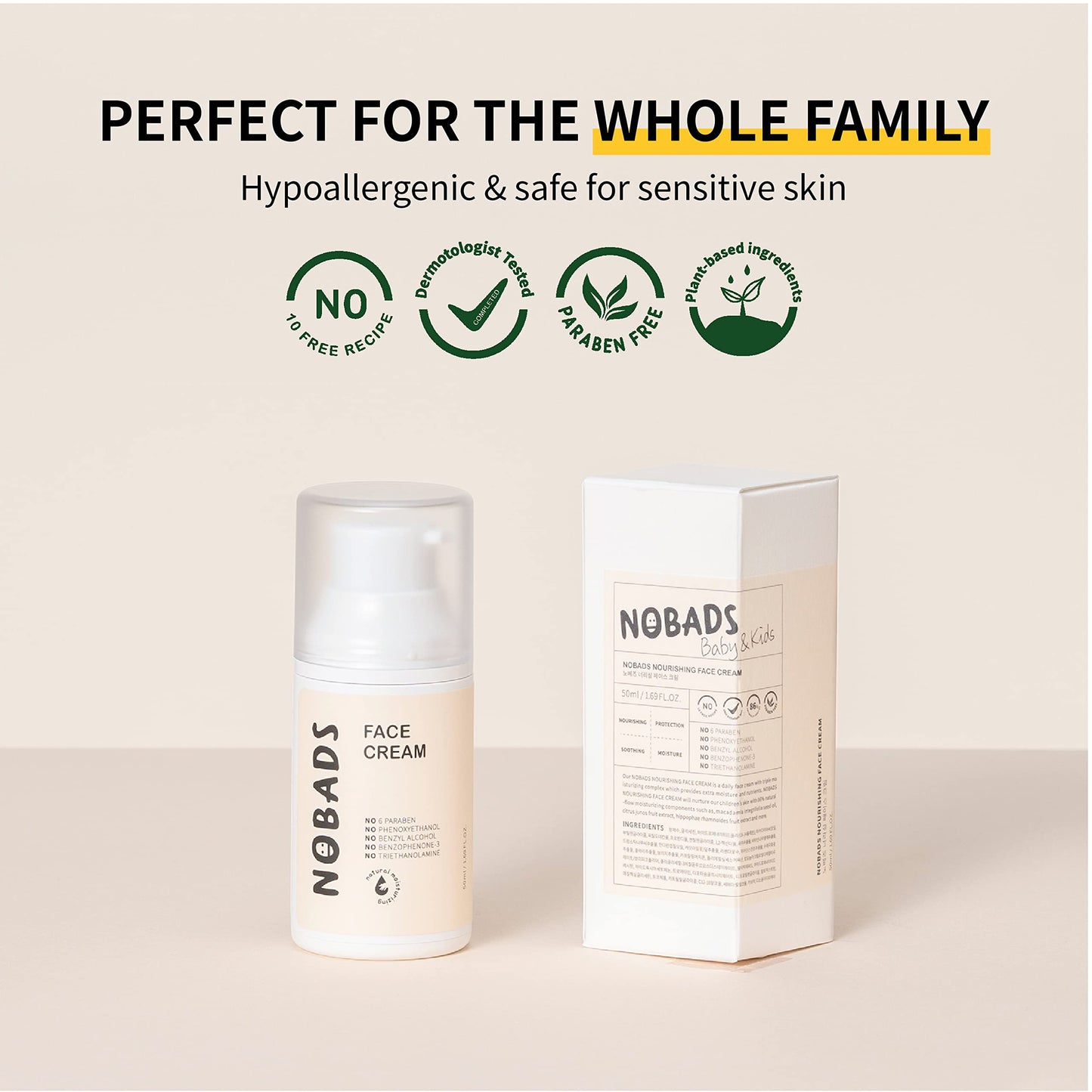 NOBADS NOURISHING FACE CREAM, Ulta moisturizing, Natural moisturizing, Low skin irritation, Paraben-free and formulated without harmful ingredients, Safe for everyone in the family