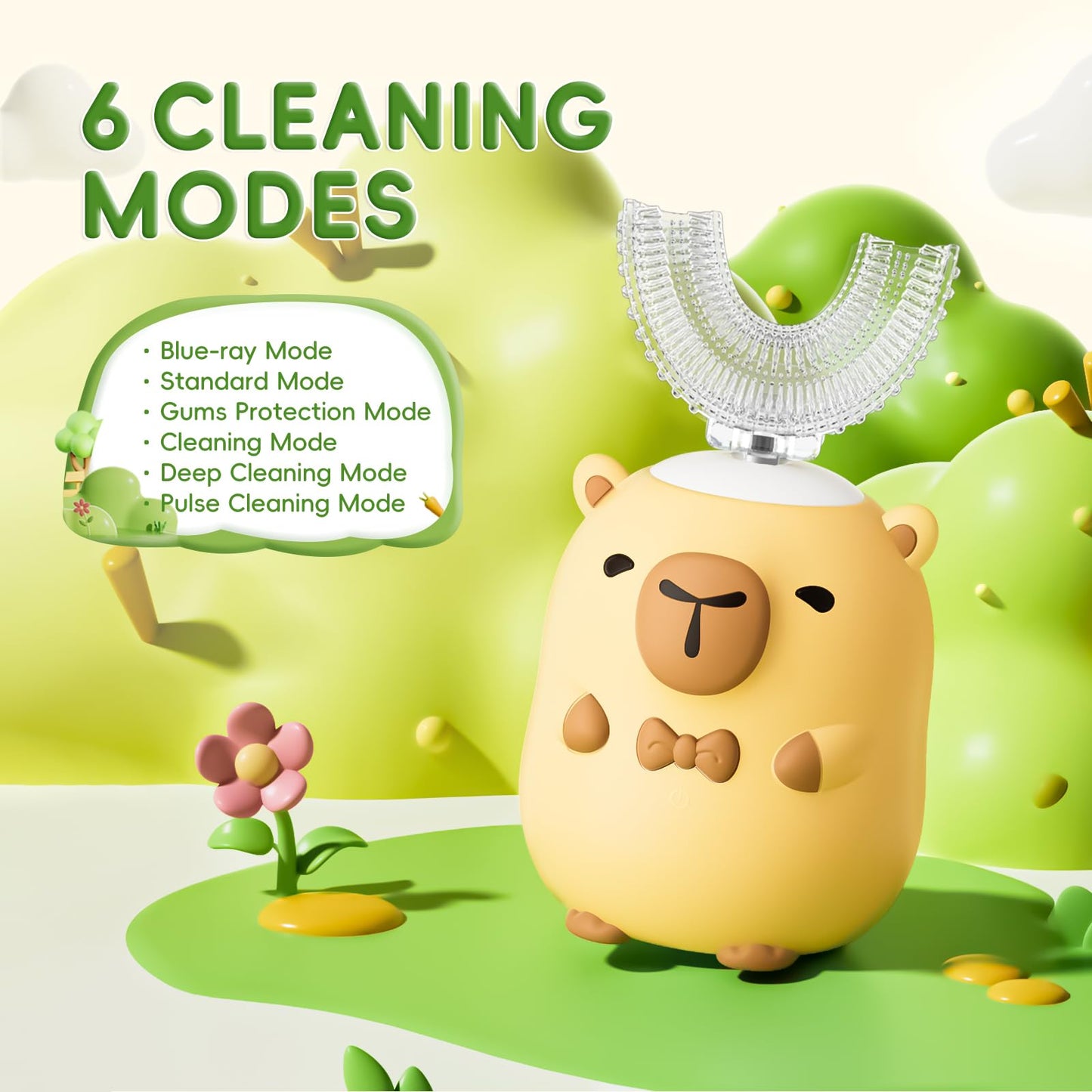 ELOTAME Kids Electric Toothbrush U Shaped - Cartoon Capybara with 6 Brush Heads Full Mouth Degree Cleaning Sonic Toddler Automatic Toothbrush with IPX7 Waterproof (Yellow 2-14 Years)