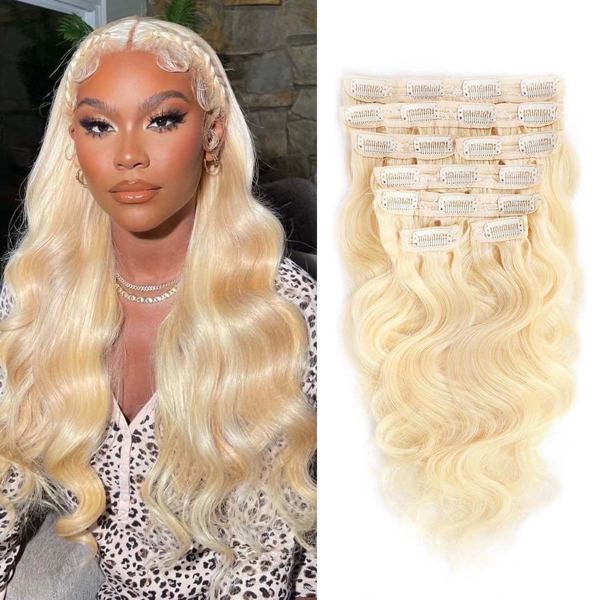 Real Human Hair Clip-In Extensions - 16 Inch Blonde Body Wave | 100% Brazilian Remy, 8pcs, 100g