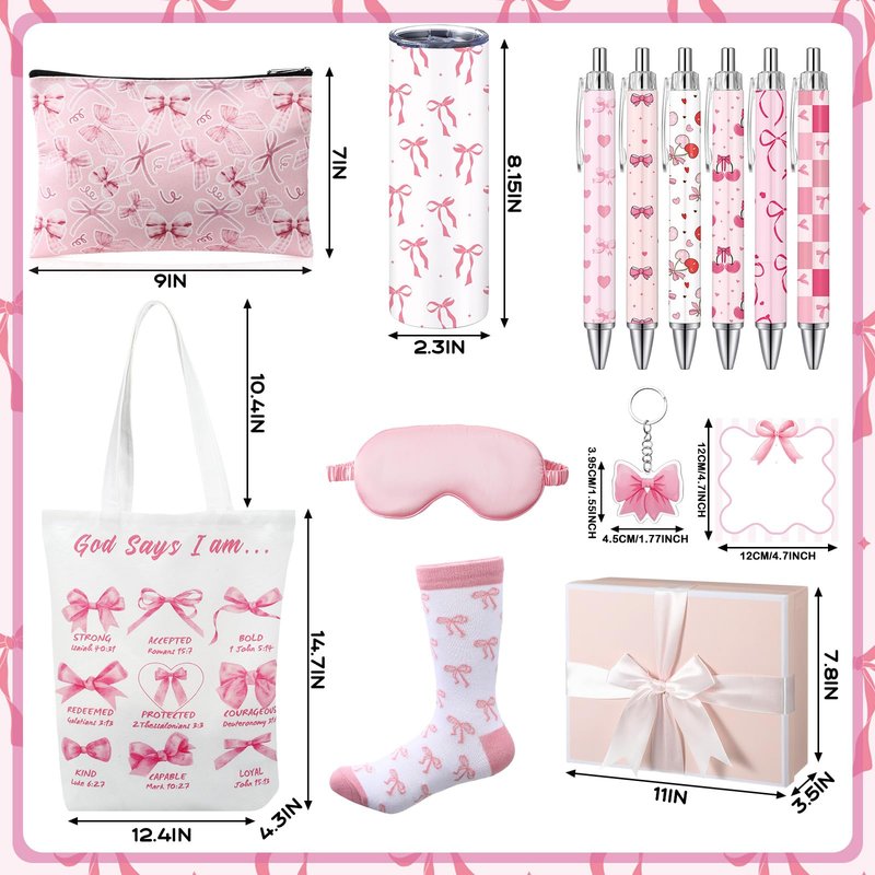 Sieral 14 Pcs Coquette Pink Bow Gift Set for Santa Women Include Pink Bow Tote Bag 20oz Stainless Steel Cup Socks Gel Ink Pens Sticky Keychain Eye Mask for Gifts