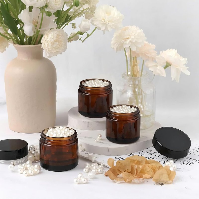 Amber Glass Jars - 2oz Sample Containers for Lotions, Moisturizers, Lip Balm | 48 Pack