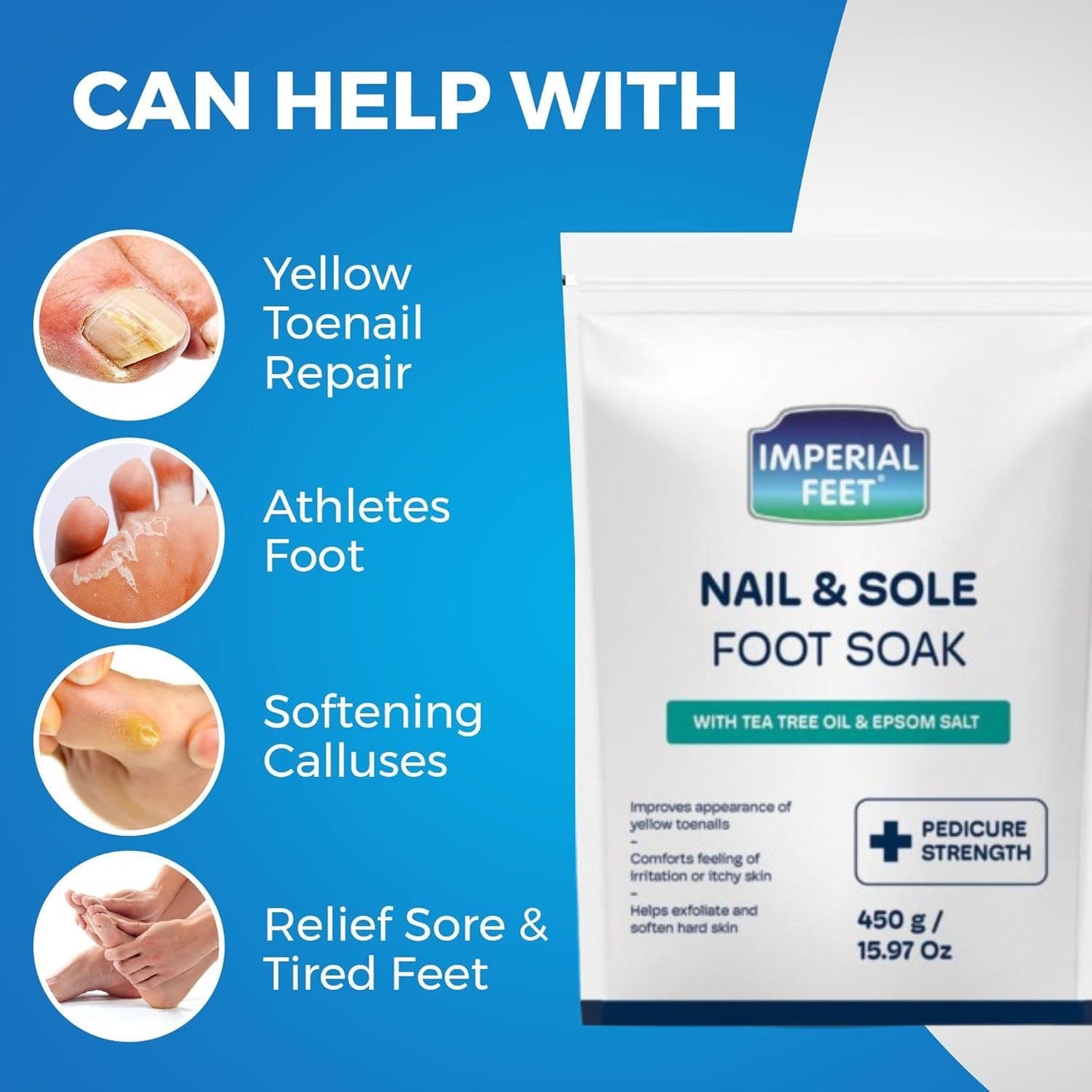 Imperial Feet Epsom Salt Foot Soak (PEDICURE GRADE)-Toenail Repair, Fungus Athletes Foot, Softens Calluses, Tired Feet & Nail Discoloration Foot Soak Salts with Tea Tree Oil 16oz (Green Fungal)