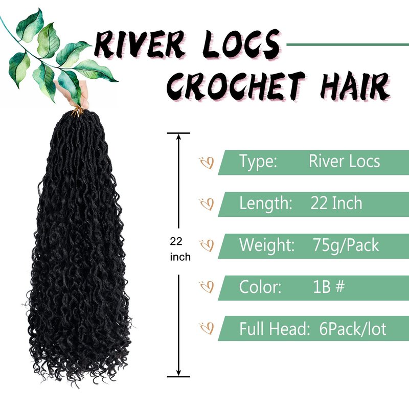 LIYATE 6 Packs Faux Locs Crochet Hair, 22 Inch Goddess Locs Crochet Hair Pre Looped, River Loc Crochet Braids with Curly, Boho Hippie Loc Synthetic Hair Extensions (1B)
