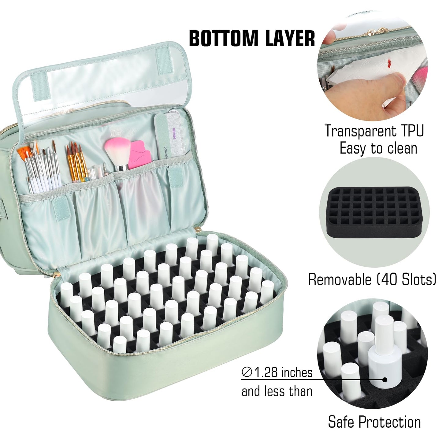 GR69N Nail Polish Organizer Case,Nail Polish Holder Holds 1 Nail Lamp & 50 Bottles,Travel Nail Tech Case,Waterproof Nail Kit Organizer Bag Fits Nail Supplies & Manicure Tools (Green)