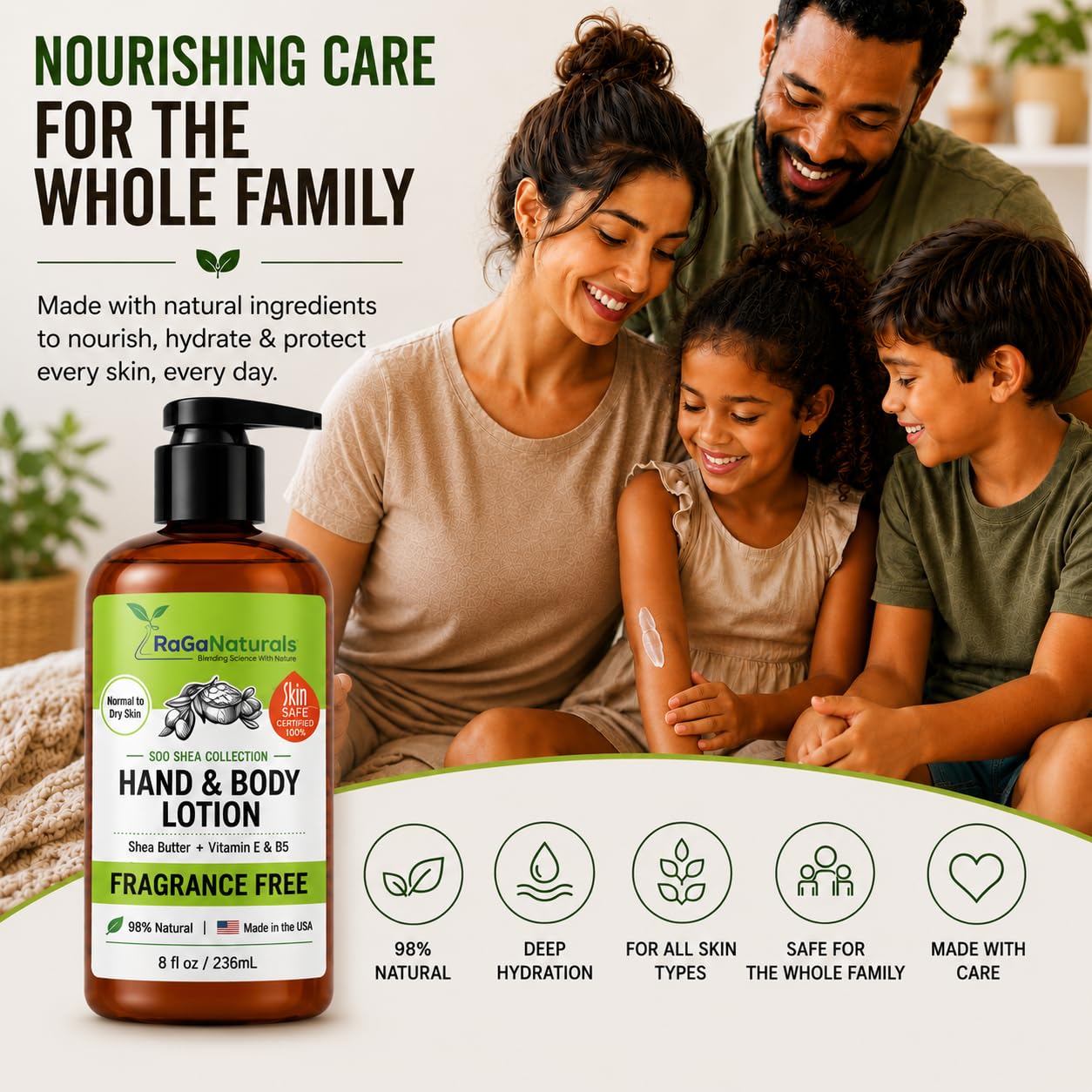 RaGaNaturals Natural Unscented Body Lotion for Dry Skin with Shea Butter and Vitamin E & B5 - Hydrating, Nourishing, Fragrance Free Hand Moisturizer With Organic Essence - For Women, Men, Kids - 8 Oz