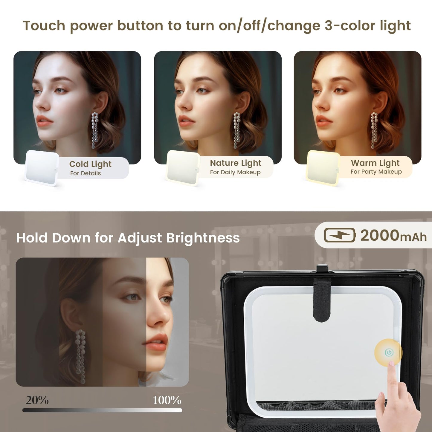 Faquenc Makeup Case with Lighted Vanity Mirror, Makeup Organizer Box Travel Make up Case with LED Mirror Portable Cosmetic Train Case for Countertop Lockable Makeup Suitcase with Adjustable Dividers