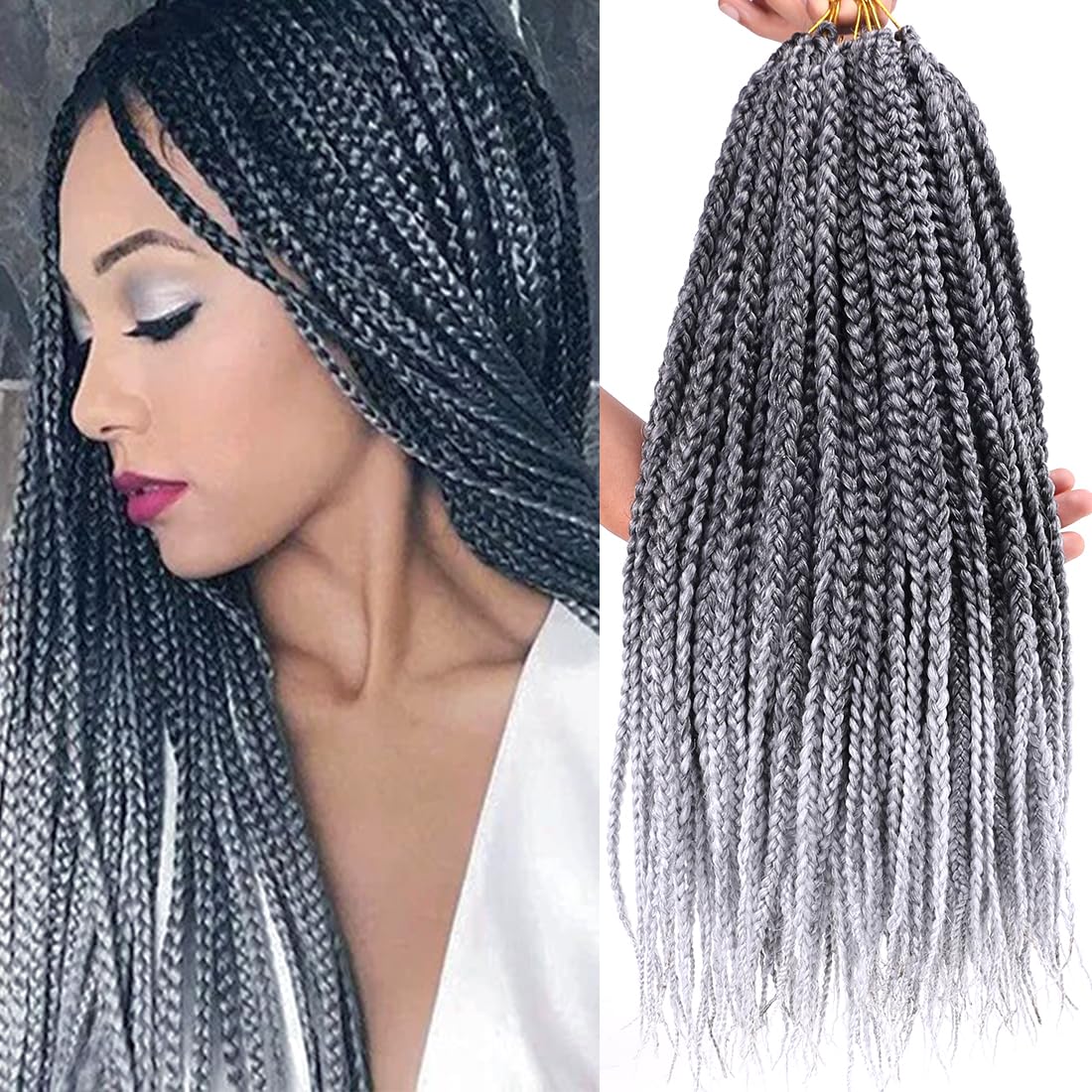 8 Packs Goddess Crochet Box Braids Pre looped Box Braid Crochet Hair for Black Women 18 Inch Silver Gray 3X Knotless Crochet Box Braided Hair Extensions Straight Knotless Braiding Hair(Tgrey#)