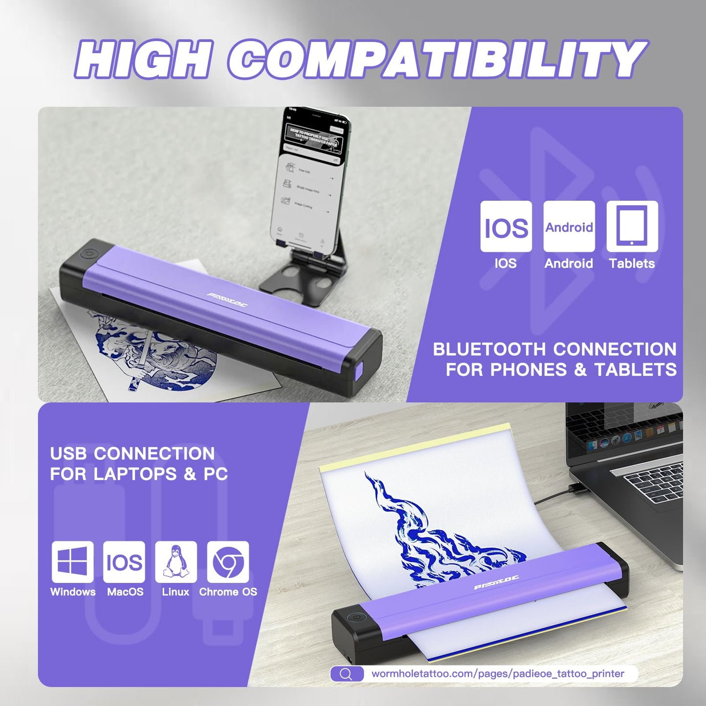 Padieoe Tattoo Stencil Printer with 10Pcs Transfer Paper - Bluetooth, Wireless, 2000mAh - Portable Thermal Printer Machine for Tattooist- 11.5x2.6x1.8in - Purple