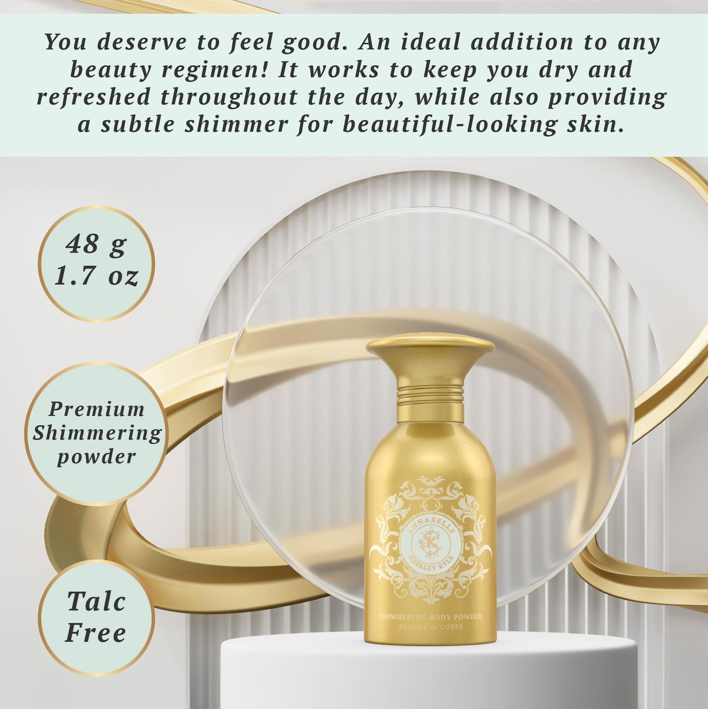 Annabelle Talc Free Shimmer Powder, Body Powder, Dusting Powder, Leaves Skin Soft, Dry, Smooth, and Shimmering, 48g