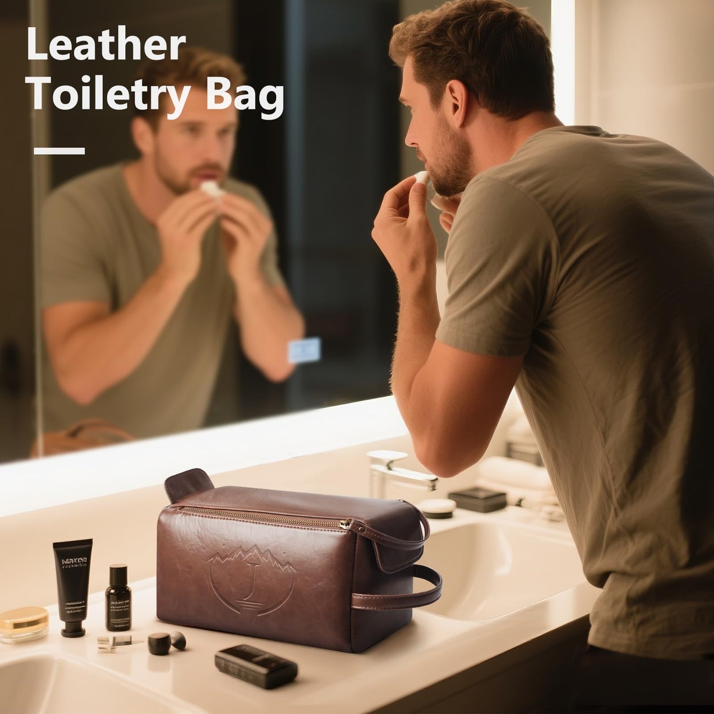 BagUrshion Personalized Toiletry Bag for Men,Initial Mens Toiletry Bags for Traveling,Men Travel Toiletries Bag,PU Leather Shaving Bag for Toiletries Accessories kit,Dark Brown J