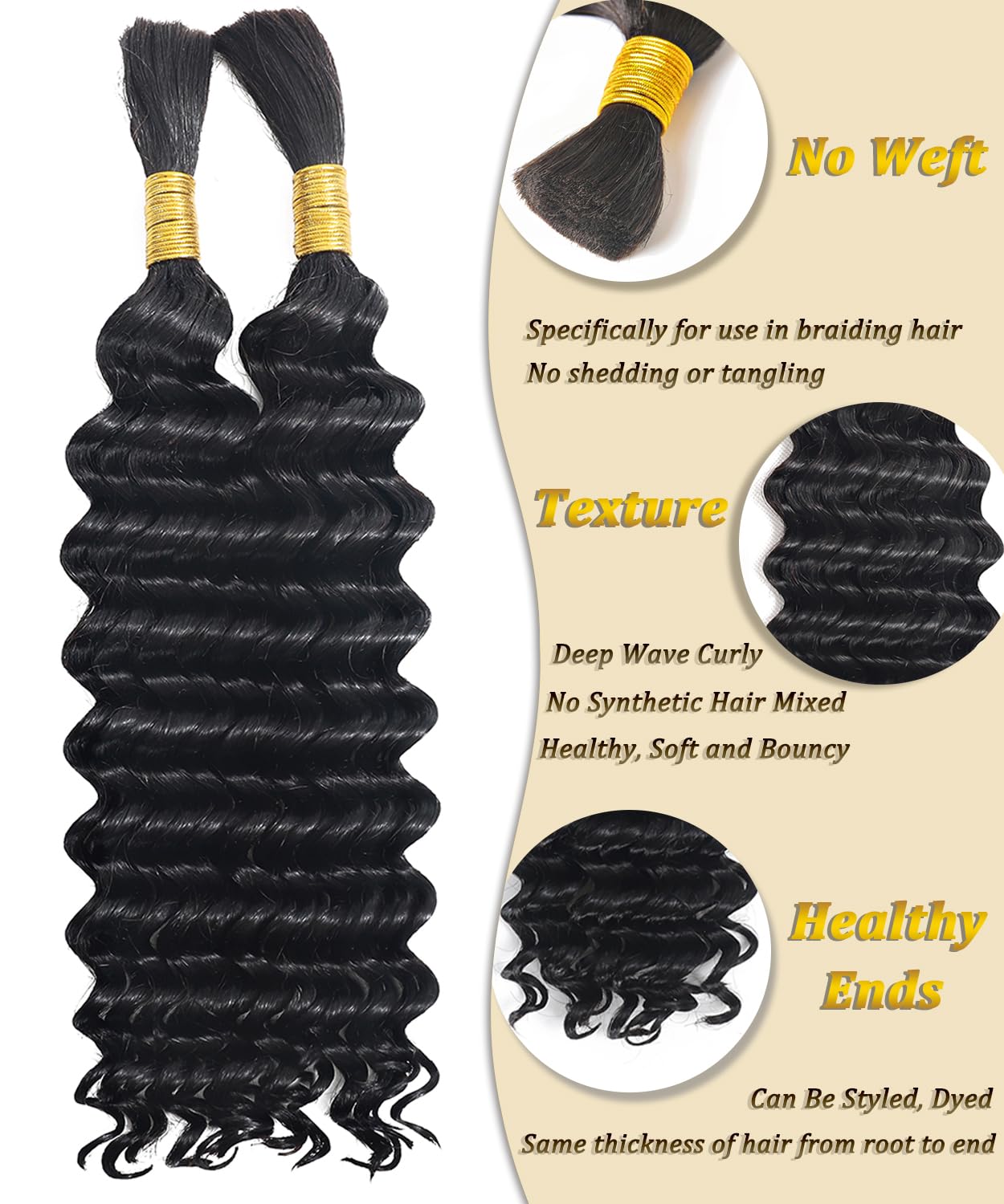 Curly Human Hair Bundles for Braiding - 12A Deep Wave, 16 Inch, No Weft | 100% Unprocessed Brazilian Virgin Hair