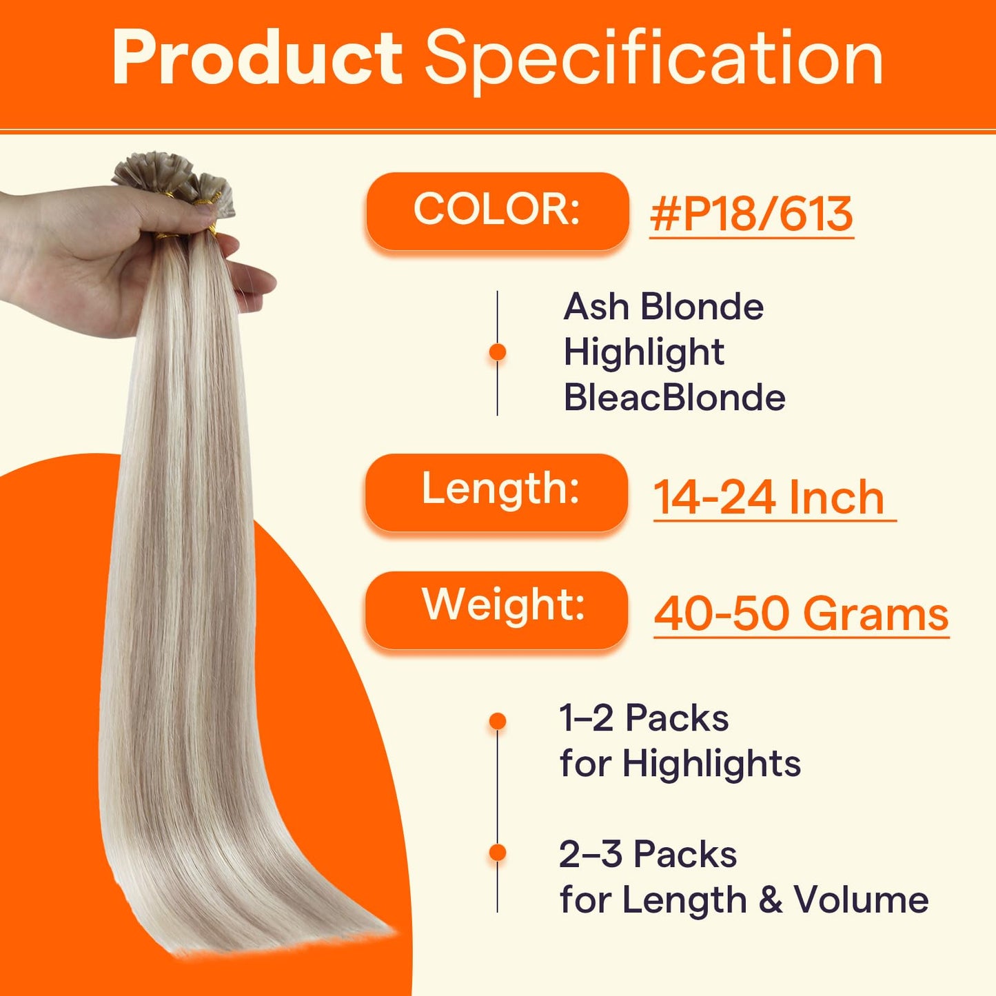 Full Shine U Tip Hair Extensions Human Hair 18 Inch 50 Grams Color 18 Ash Blonde Highlight 613 Bleach Blonde Keratin Tip Hair Extensions Fusion Extensions for Women