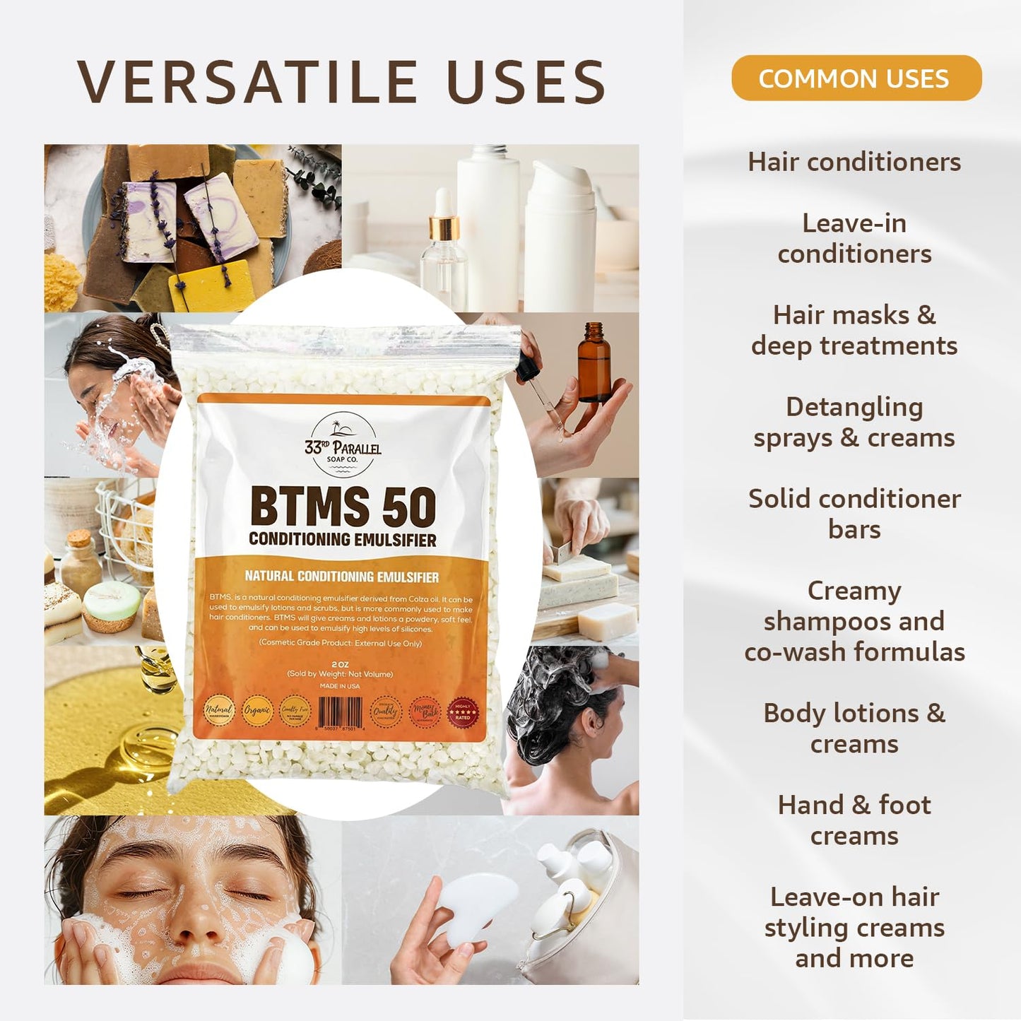 33rd PARALLEL | BTMS 50 (1 LBS / 16 Oz) Conditioning Emulsifier | 100% Natural Plant Derived | Behentrimonium Methosulfate Cetearyl Alcohol Emulsifying Conditioner | Product of USA (1 POUND)