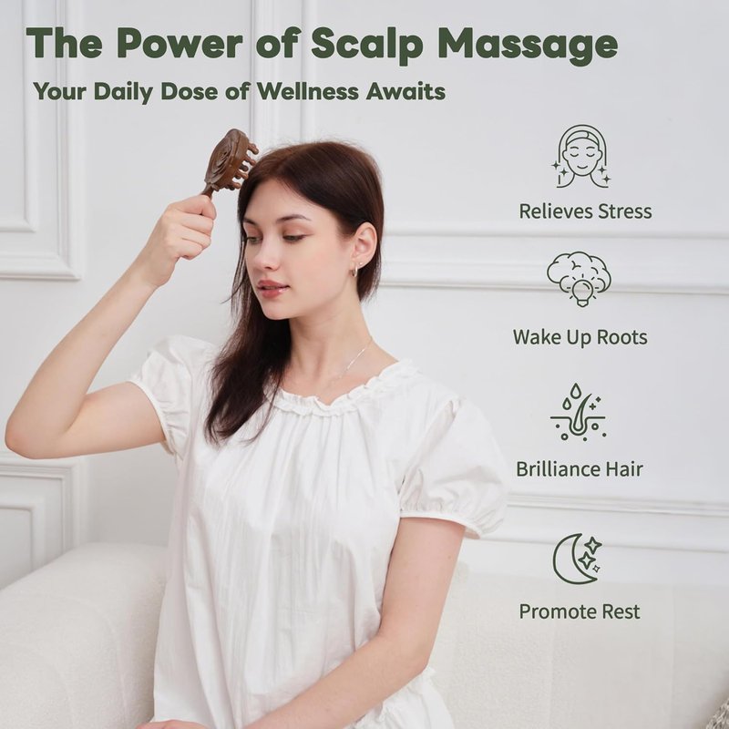 Self Care Relaxation Gift Set for Mom | Natural Wooden Massage Hair Brush & Scalp Gua Sha Tool - Stress Relief Wellness Box