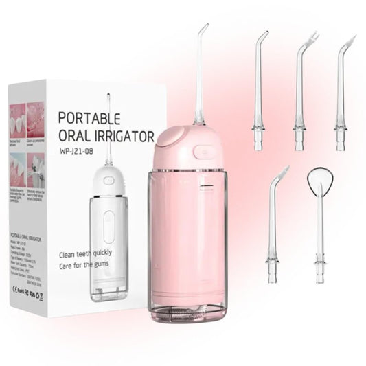 Electric Cordless Water Flosser Portable 3 Modes IPX7 Waterproof 180 ML Water Tank 360 Rotation Pink Oral Irrigator with 5 Replaceable Nozzle Jet Tips for Teeth, Gums, Braces Care & Travel