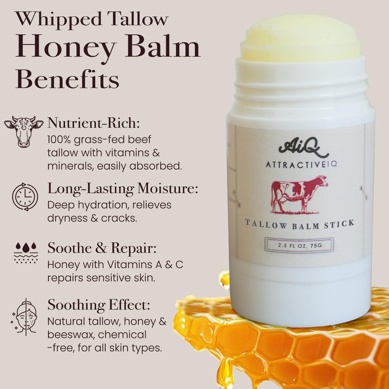 AttractiveIQ Beef Tallow Moisturizer for Skin – New Zealand Grass Fed Tallow Balm Stick with Vitamin E, Raw Honey & Olive Oil – Natural Face & Body Moisturizer for Dry, Sensitive Skin 2.5oz