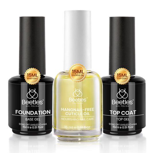 Beetles Gel Base and Top Coat & Cuticle Oil Set, 3Pcs 15ml Cuticle Protectors Kit No Wipe Glossy Shine Long Lasting Oil Care for Dry Damaged Cuticles Gifts for Women
