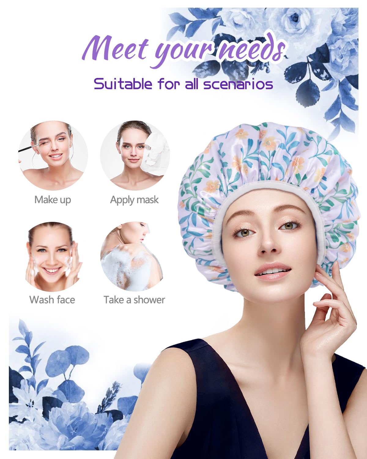 Gootty Shower Cap, Terry lined Reusable shower caps, Large Shower Cap for Women, Waterproof Hair cap Triple Layer Shower Caps for Long Thick Hair