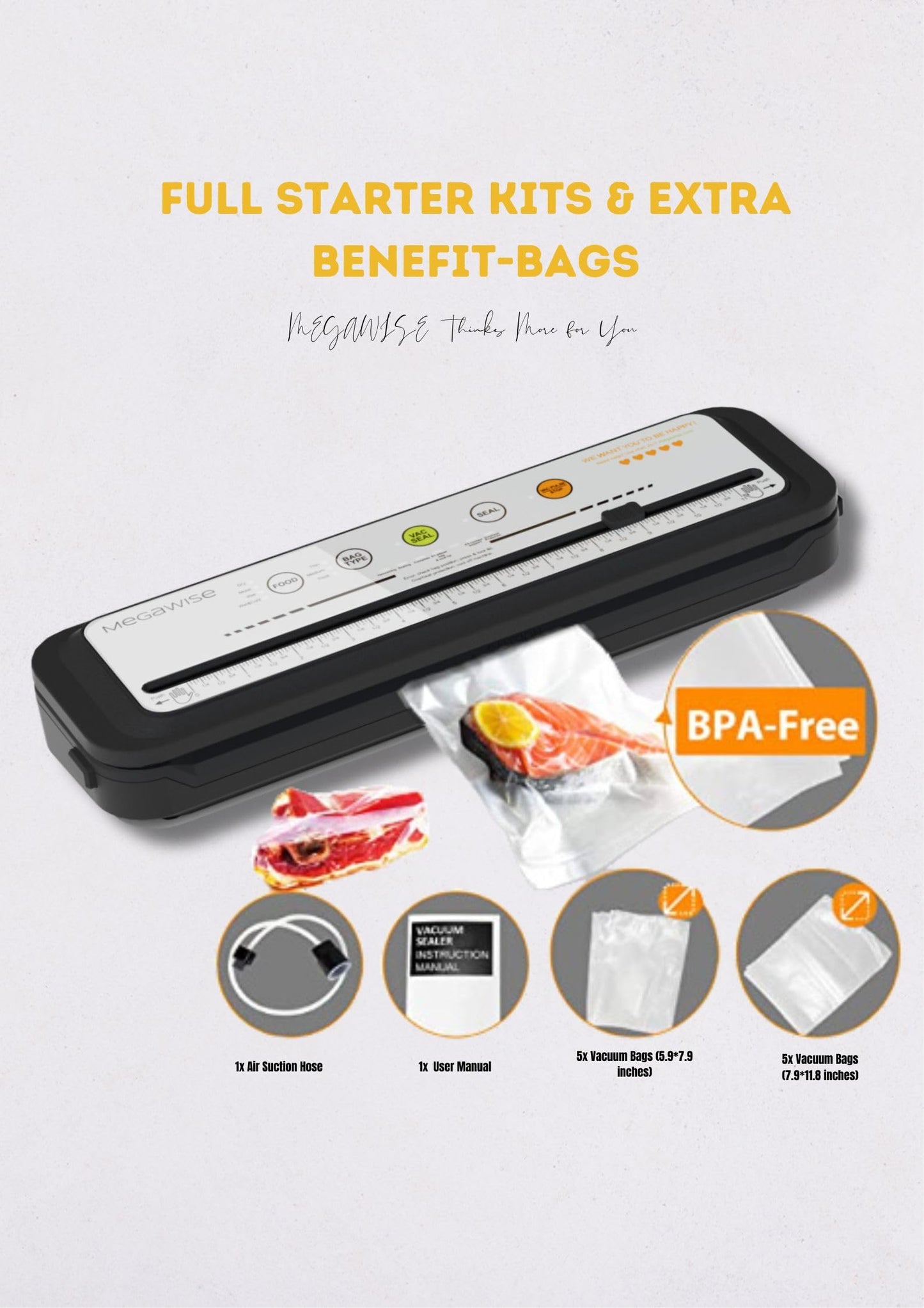 MEGAWISE Food Vacuum Sealer Machine with Built-in Cutter – 80kPa Suction, One-Touch Operation, 4 Food Modes, Compact Design (Silver)