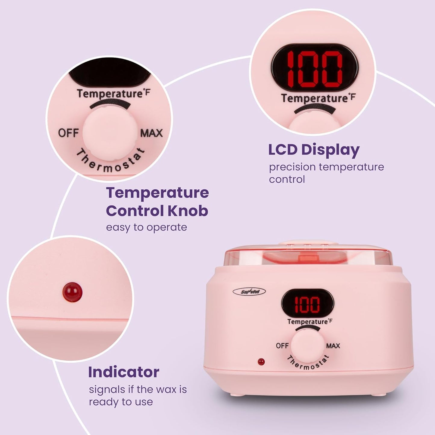 Brazilian Waxing Kit - Hard Wax Warmer with 5 Beads | Digital Display for Full Body, Legs, Face, Bikini, Sensitive Skin - Pink