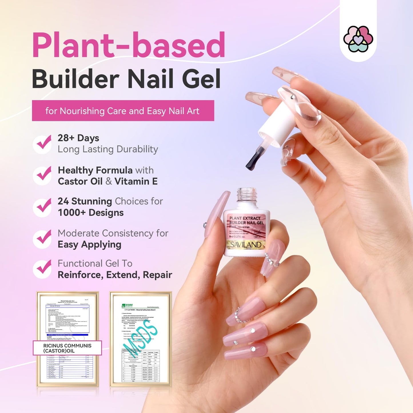 SAVILAND Builder Nail Gel 24 Colors: Castor Oil & Vitamin E Builder in a Bottle Translucent Color Hard Gel for Nails Strengthener Extension Care Repair Home Salon Professionals