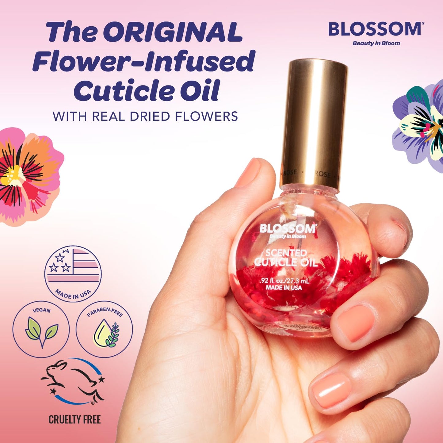 Blossom Hydrating, Moisturizing, Strengthening, Scented Cuticle Oil, Infused wtih Real Flowers, Made in USA, 1.84 fl oz, 2 Pack Bundle, Strawberry + Juicy Peach