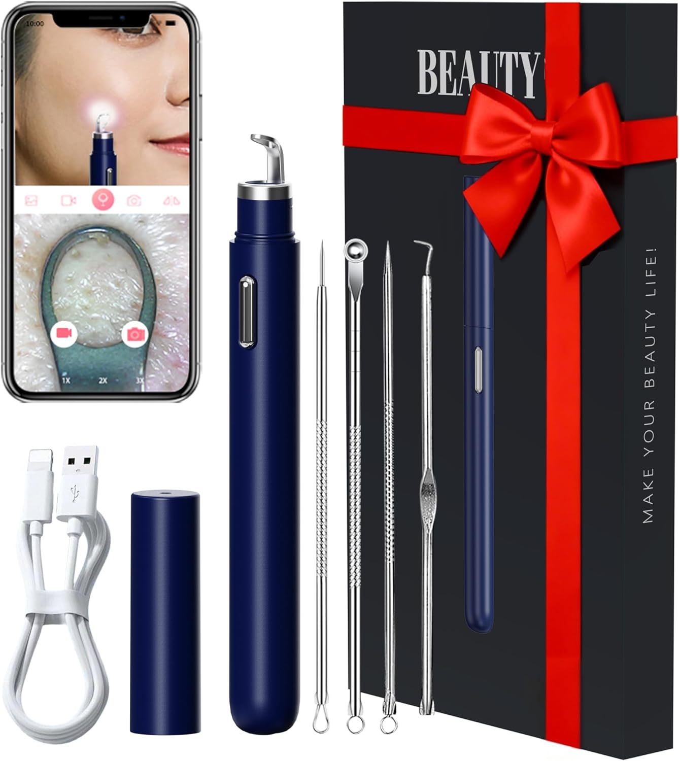 Blackhead Remover Tool Kit with Camera - 20X 1080P Pore Cleaner for iPhone/Android | Blue