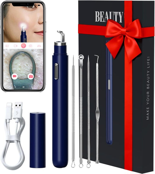 Blackhead Remover Tool Kit with Camera - 20X 1080P Pore Cleaner for iPhone/Android | Blue