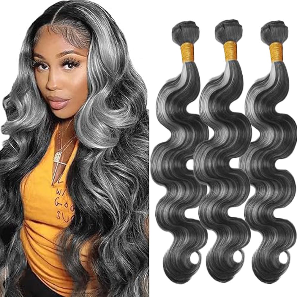 Bafamiya Highlight Grey Human Hair Bundles Body Wave 14 16 18 Inch P1B/Grey Bundles Human Hair 3 Bundle 300g Total Unprocessed Brazilian Virgin Hair for Black Women
