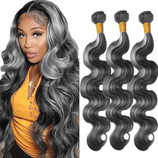 Bafamiya Highlight Grey Human Hair Bundles Body Wave 14 16 18 Inch P1B/Grey Bundles Human Hair 3 Bundle 300g Total Unprocessed Brazilian Virgin Hair for Black Women
