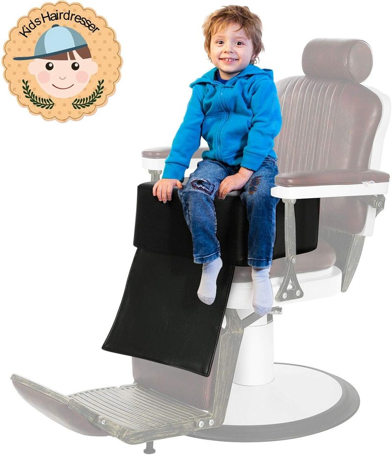 Kids Barber Booster Seat - 6.5" Thick Toddler Salon Chair Cushion with Foot Protector | Black Synthetic Leather