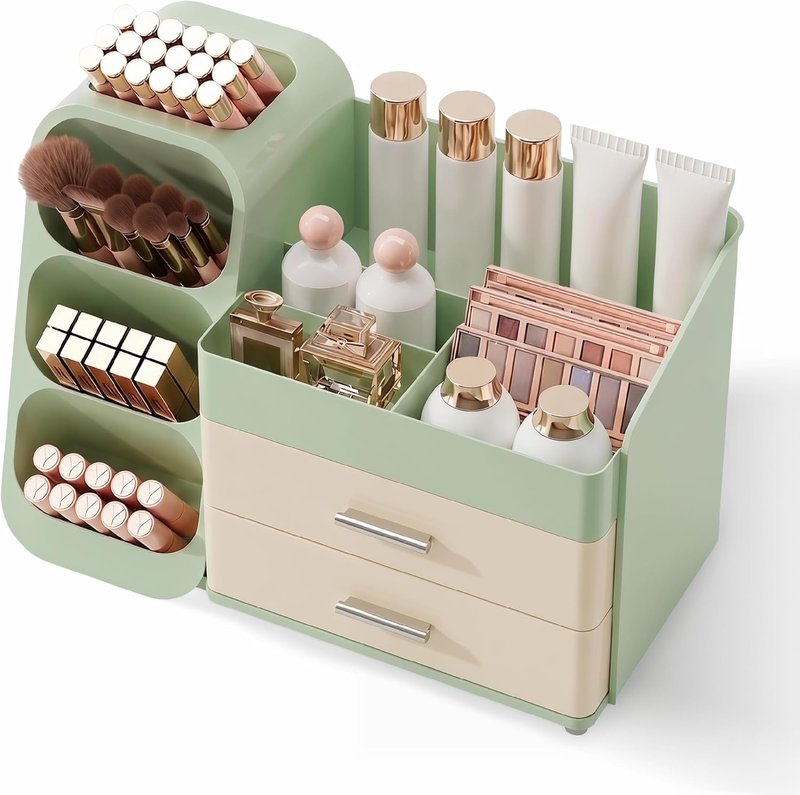 Makeup Organizer - Large Capacity Vanity Storage Case with Drawers | Cream Green Cosmetic Display for Skincare & Beauty Tools