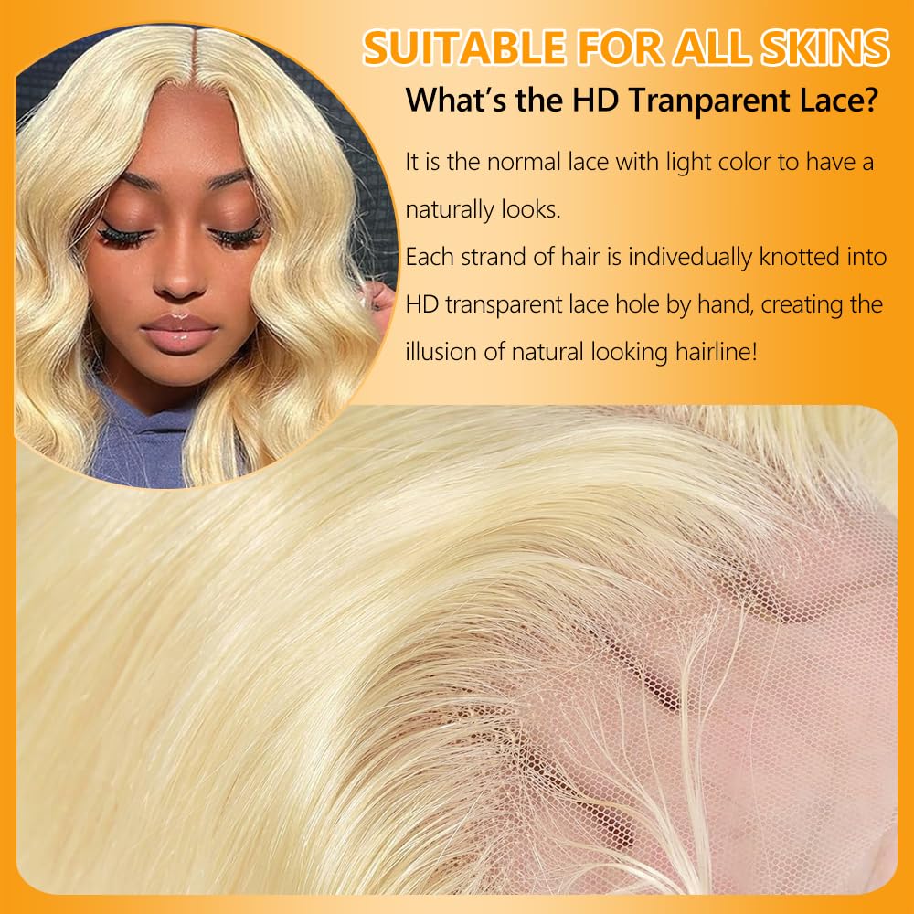 QTHAIR 18A Russian Blonde #613 Transparent Lace Frontal Closure 100% Russian Blonde Human Hair for Female (16", 613 Body Wave Closure)
