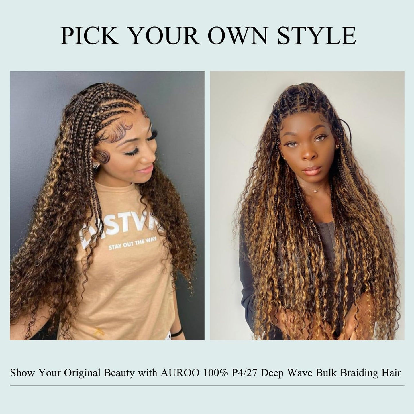 AUROO Braiding Hair P4/27 Honey Blonde Highlight Deep Wave Bulk Human Hair For Braiding 100g, 12A No Weft Virgin Ombre Brown Bundles Wet n Wavy Curly Micro Braiding Hair For Boho Knotless Braids 16 in