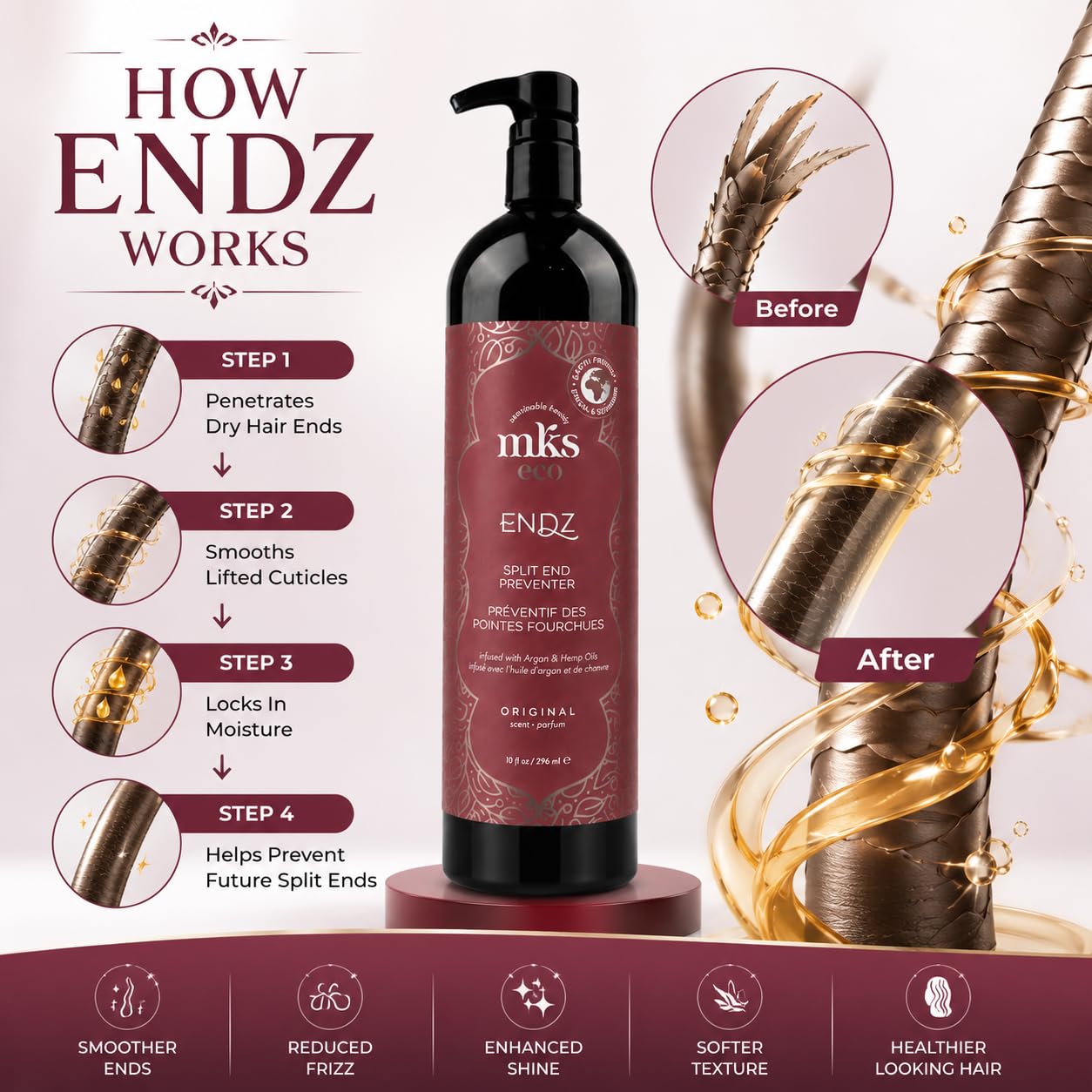 MKS eco Endz, Original Scent - 10 fl oz - Split End Mender & Preventer - Moroccan Argan Oil, Hemp Seed Oil - Vegan & Cruelty Free