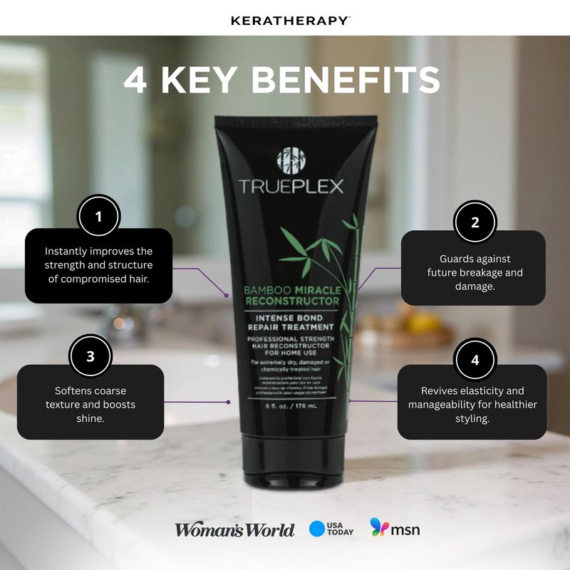 Trueplex KERATHERAPY Bamboo Miracle Reconstructor Bond Repair Treatment, 6 oz., 178 ml - Vegan Thermal Protection & Hair Strengthener for Damaged Hair with Argan Oil, Cysteine, & Bamboo Extract