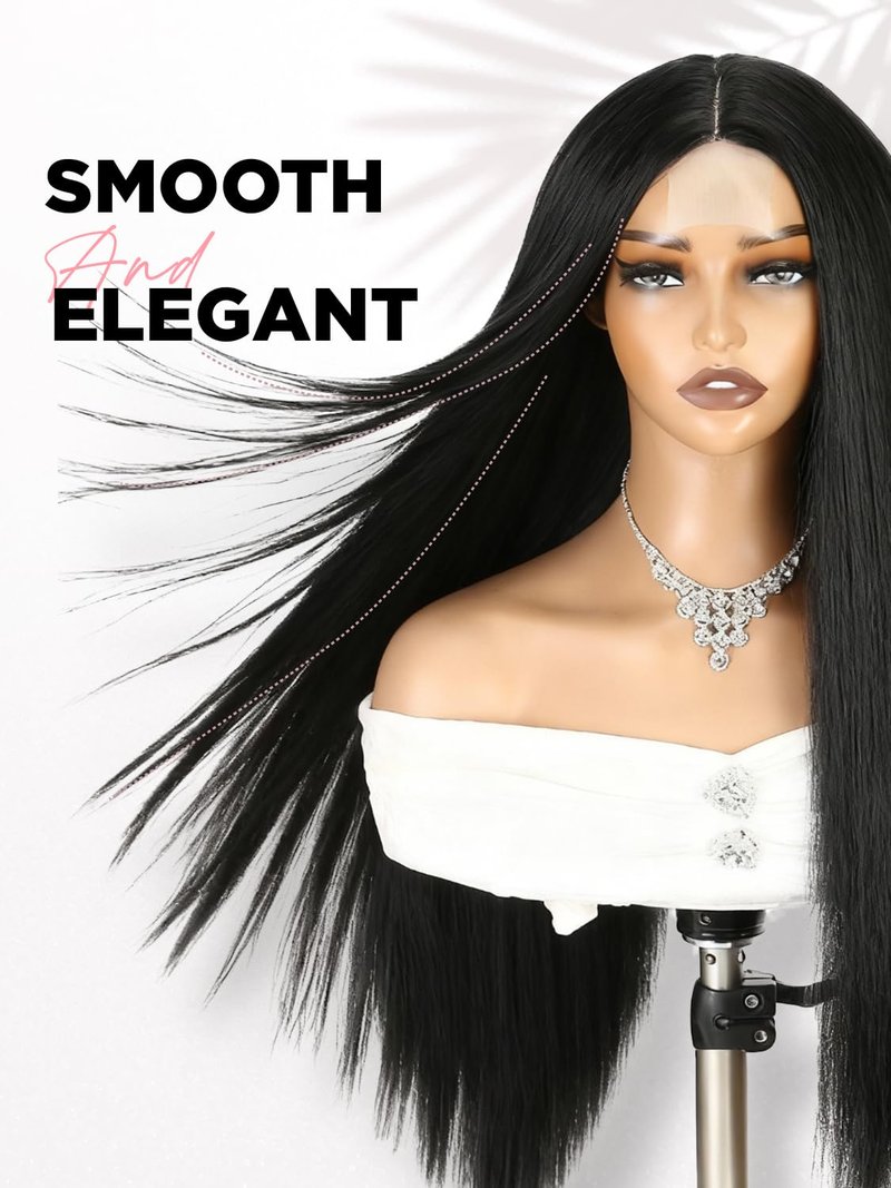 WIGRE Long Black Wigs Straight Middle Part Hair for Women Daily Use Synthetic Heat Resistant Wig for Party or Halloween Costume Full Black Wigs
