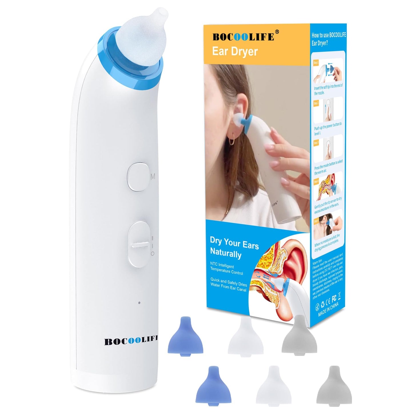 BOCOOLIFE Ear Dryer Ear Moisture Water Removal with 7 Ear Tips, Ear Drying Device, Electronic Warm Air Ear Water Remover for Swimmers, Showering, Water Sports, Surfing, Scuba Ear Dryer Machine