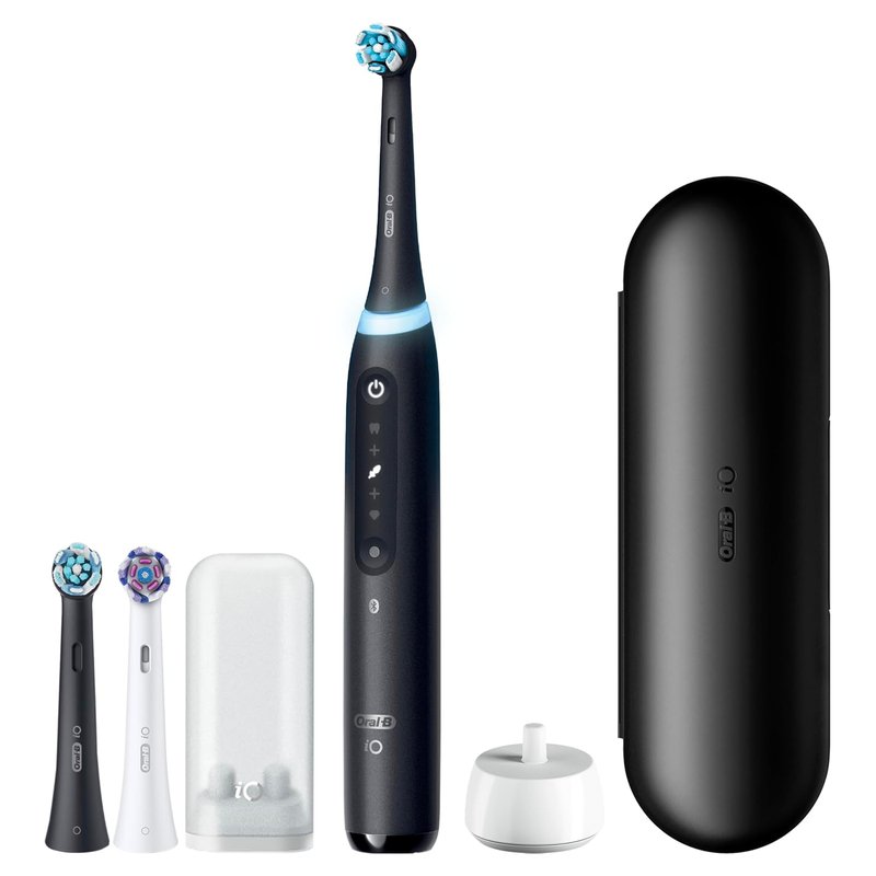 Oral-B Rechargeable Electric Toothbrush - iO5 Deep Clean & Whiten, 5 Modes, Visual Pressure Sensor | Black, Travel Case, 3 Heads