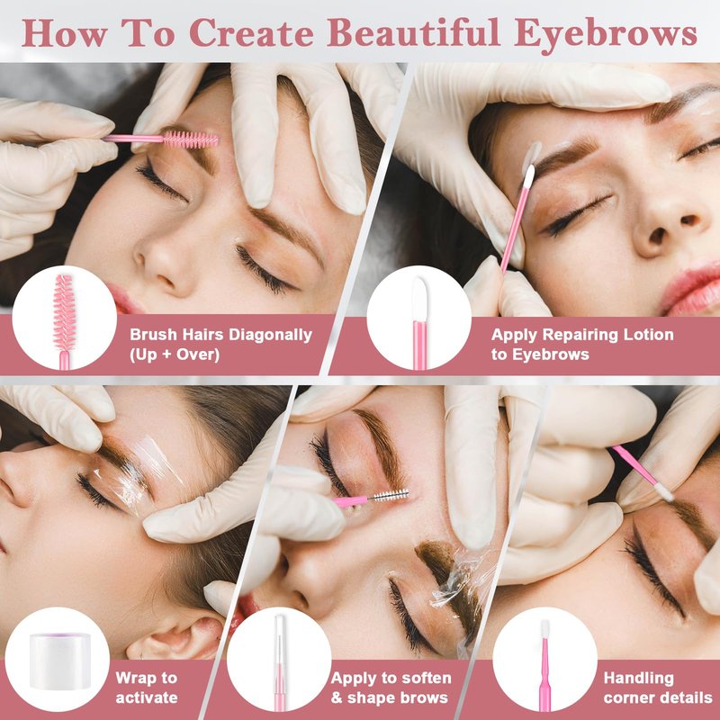 68 Pcs Brow Lamination Supplies with Eyebrow Tattoo Plastic Wrap Brow Mapping String Angled Flat Eyeliner Brush Disposable Micro Eyebrow Spoolies Lip Brush Swabs for Eyebrow Lift Tint