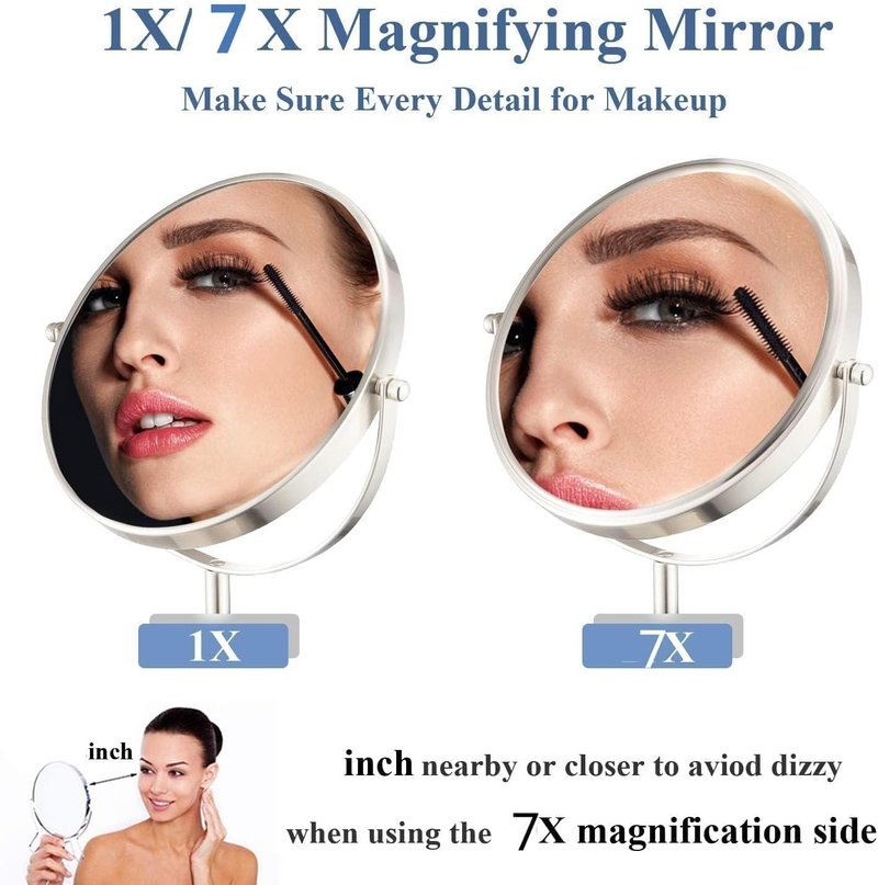 Height Adjustable Makeup Mirror - 8-Inch Double-Sided 7X Magnification | Black Round Tabletop Design