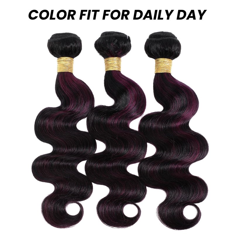 ALHER Black Mix Purple Highlight Bundle Human Hair Body Wave, 12A Soft Thick Single Bundle Wavy Human Hair, 100% Remy Hair Midnight Purple Dark Burgundy Highlight Two Tone Color (#1B/Purple, 16 Inch)