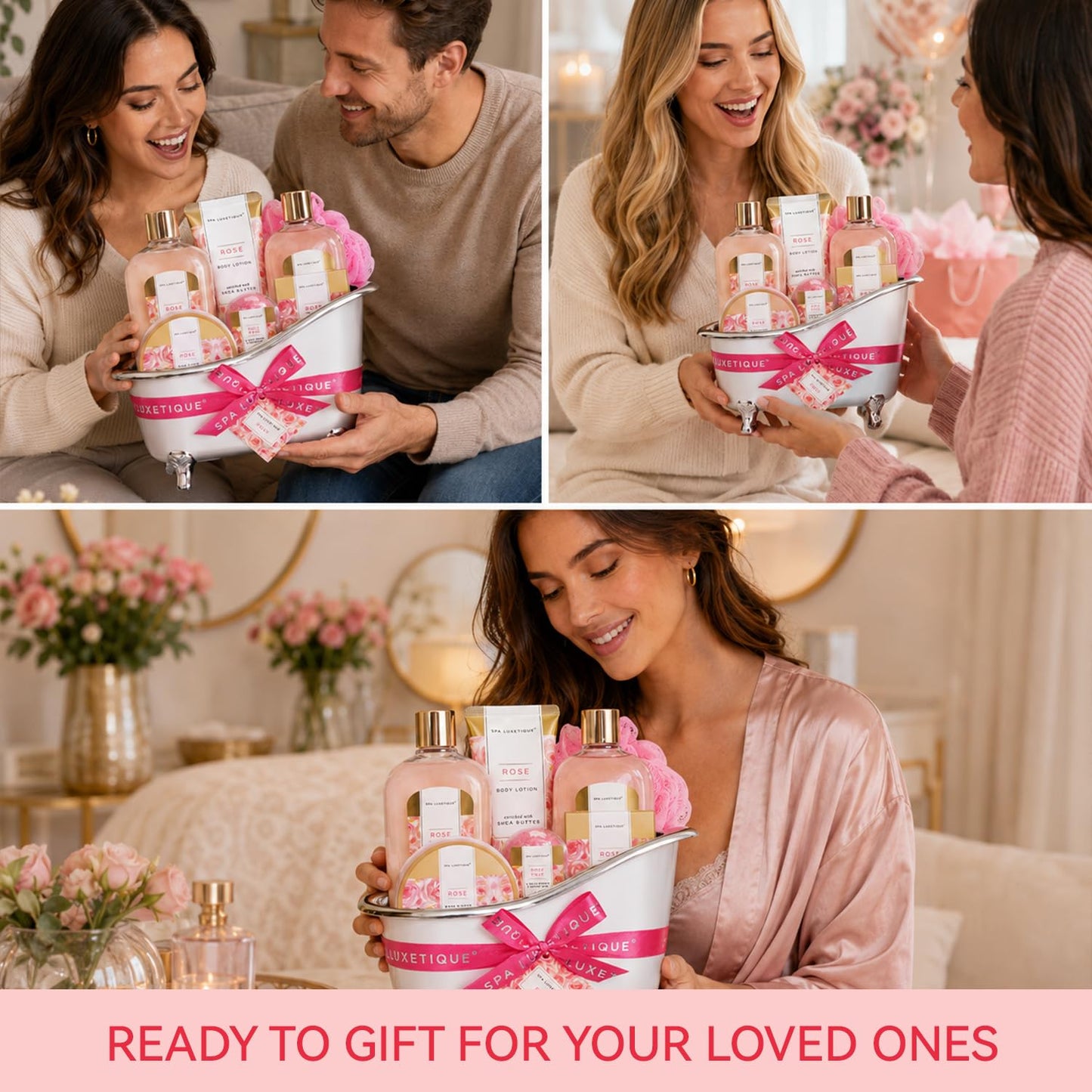 Spa Luxetique Gift Set For Women, Bath Sets - 8 Pcs Rose Spa Basket Includes Bubble Bath, Shower Gel, Body Lotion, Birthday Spa Gifts for Mom, Christmas Presents for Women