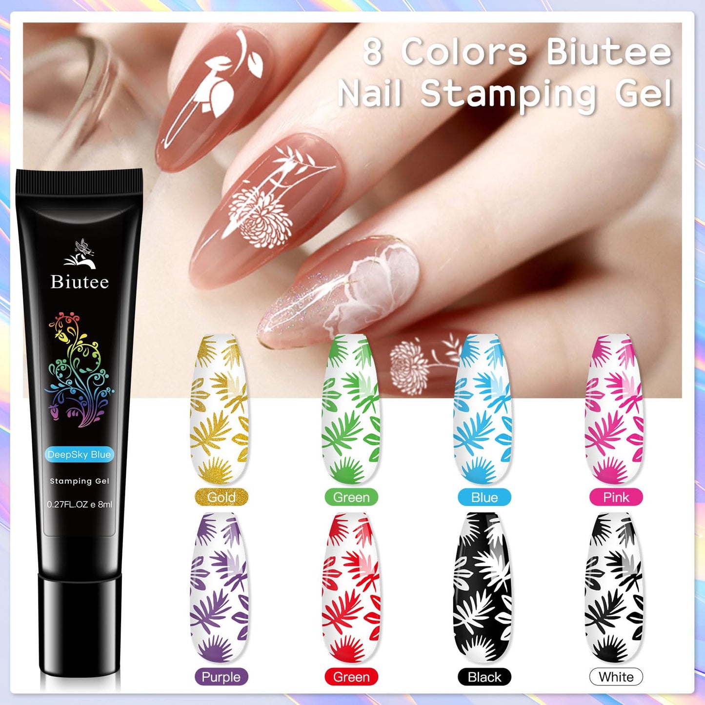 Biutee Nail Stamper Kit 12Pcs Nail Art Stamping Plate 8 Colors Stamp Polish Gel with Top Coat and Base Coat Set Silicone Stamper Scraper, Nail Stamp Plates Love Flower Butterfly Leaf Holiday Design