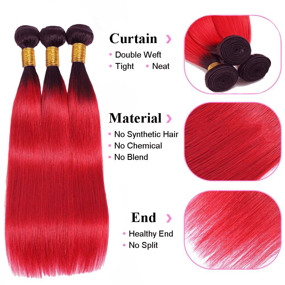 Yuksoocosh Ombre 1B/Red Straight Human Hair Bundles Two Tone Black and Fire Red 10 12 14 inch Double Weft Brazilian Hair Extensions Silky Soft for Black Women