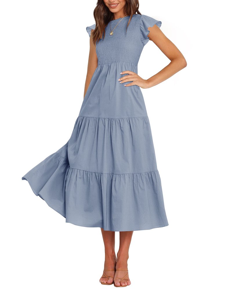 BTFBM Women Casual Short Sleeve Crew Neck Summer Dress Bohemian Floral Printed Flowy Maxi Dresses Tiered Cocktail Dress (Solid Light Blue, XX-Large)