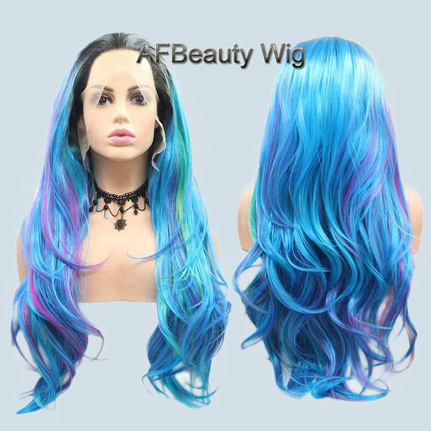 AFBeauty Lace Front Wig Highlight Blue Purple Colorful Wavy Ombre Wigs for Women Lace Frontal Pink Green Wig Synthetic Heat Resistant Natural Loose Wave Glueless Lace Wigs 24 Inch Daily Party Cosplay