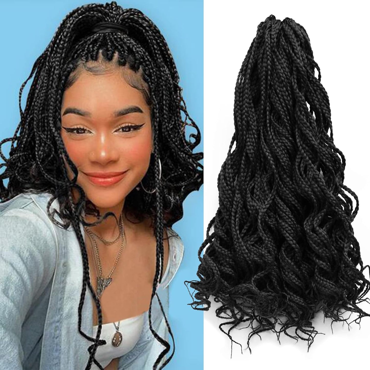 Goddess Curly Box Braids - 18-Inch Wavy Crochet Hair Extensions | Synthetic Fiber (#1B)